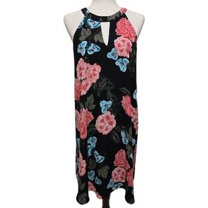 ​CeCe Floral Memoir Black Halter Dress Pink Blue Keyhole Shift Size Medium